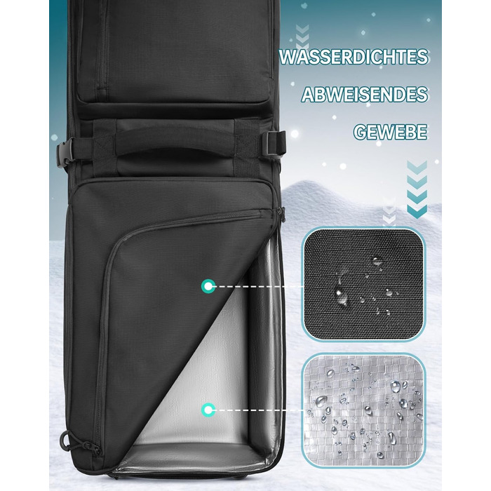 Чохол для сноуборду YOREPEK на колесах, водонепроникний, з кишенями для черевиків, розширюваний, 170 см, для 2 пар лиж/сноуборду, чорний