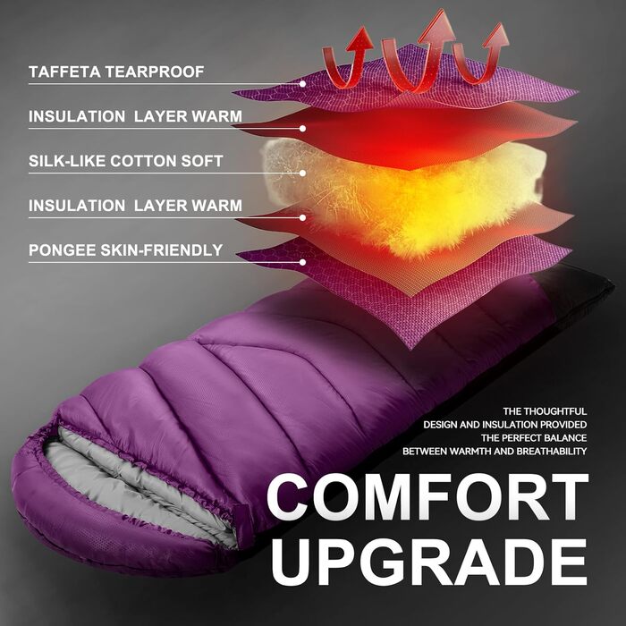 Спальний мішок для дорослих у холодну погоду, водонепроникний, легкий, для великих людей, з компресійним мішком, для кемпінгу, походів, відпочинку на природі та в приміщенні (1,8 кг, фіолетовий)