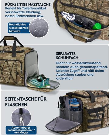 Спортивна сумка RAINSMORE 45L 3-в-1 для фітнесу та подорожей з відділенням для взуття та вологих речей, водонепроникна дорожня сумка (Хакі Камуфляж)