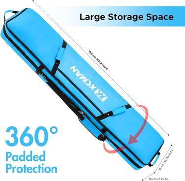 Чохол для сноуборду XCMAN для подорожей літаком – повністю укомплектований, водонепроникний, для сноуборду та черевиків (Синій, 158 см)