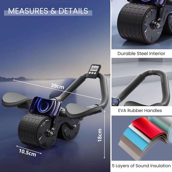 Ролик для ABS з автоматичним поверненням. Колесо для пресу. Набір для домашніх тренувань з наколінниками та секундоміром. Спорт для початківців вдома