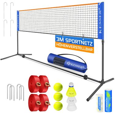 Сітка для бадмінтону та тенісу KESSER® з регулюванням висоти, 300 см, комплект: сітка, 3 воланчики, 3 тенісні м'ячі, сумка, сталевий каркас, для залу та вулиці, блакитна