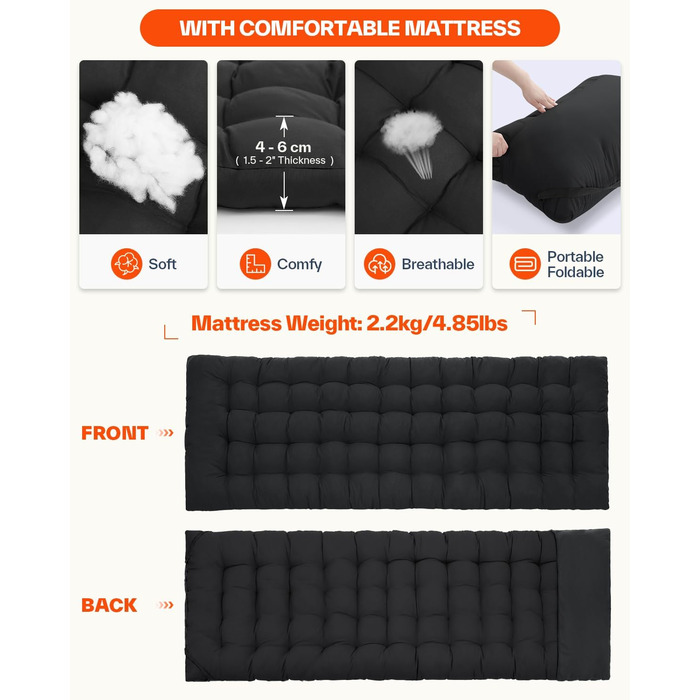 Розкладне ліжко Sportneer для кемпінгу та відпочинку: 200x81x47 см, чорне, з матрацом та сумкою для зберігання