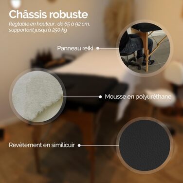 Складаний масажний стіл Vivezen 15 см з 3 зонами, дерев'яний з Reiki-панеллю, аксесуари та сумка - Чорний колір