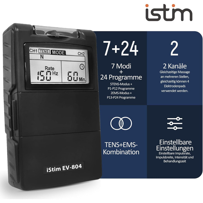 iStim EV-804 TENS/EMS: 2-канальний масажер для зняття болю та м'язової стимуляції – 24 програми, 7 режимів, 8 електродів, для спини, шиї, колін