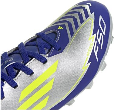 Футбольні бутси adidas F50 Club Messi для унісекс, гнучка підошва, розмір 21 EU, сріблястий, сонячно-жовтий, блакитний