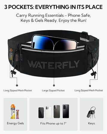 Поясна сумка для бігу WATERFLY: тримач для телефону, три відділення, для чоловіків та жінок, для марафону, триатлону, чорна