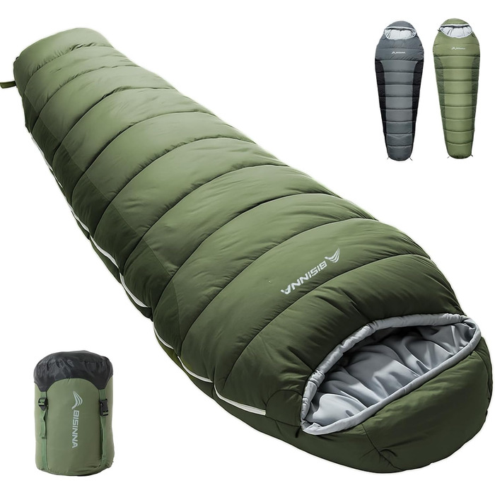 Спальний мішок BISINNA Mumienschlafsack -10°C - 5°C [400GSM] для туризму, кемпінгу та подорожей, зелений