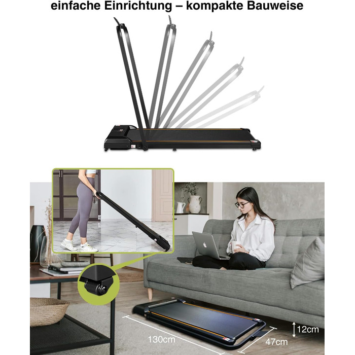 Біговий доріжка з нахилом для дому, складаний електричний walking pad з пультом дистанційного керування, Bluetooth та керуванням через додаток, подвійним амортизатором, без необхідності збирання