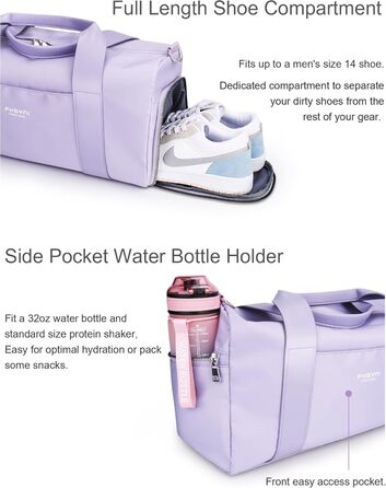 Спортивна сумка 16 дюймів для жінок та дітей з відділенням для взуття та водонепроникним розділенням. Підходить для фітнесу, танців, плавання та подорожей, фіолетового кольору.