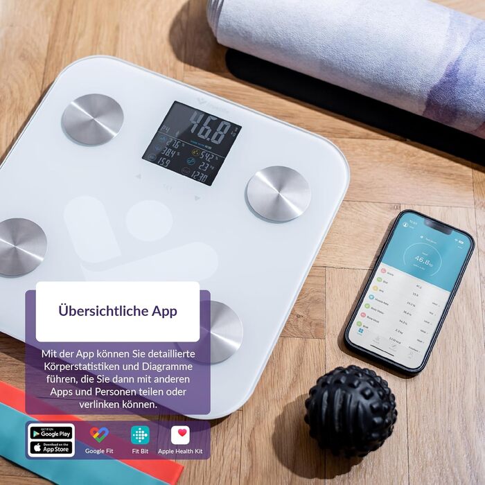 TrueLife FitScale W6 Bluetooth ваги з аналізом імпедансу, 19 показників тіла, LCD-дисплей, 8 користувачів, білий