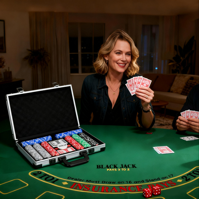 Набір для покеру SPORTNOW: 400 фішок, 2 колоди карт, 5 кубиків, диск ділера, ігровий килимок