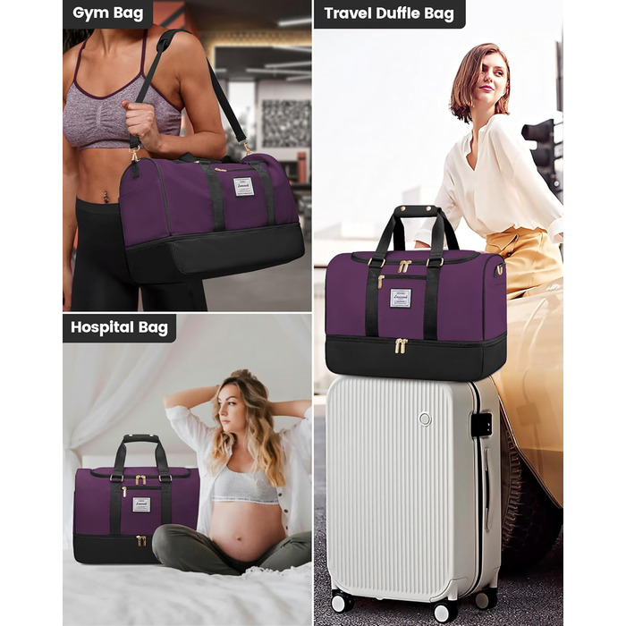 Спортивна сумка LOVEVOOK для подорожей: 37L, з культ. сумкою, відділенням для взуття та мокрих речей. Ідеальна для спортзалу, йоги, подорожей та авіаперельотів. Чорно-фіолетовий колір.