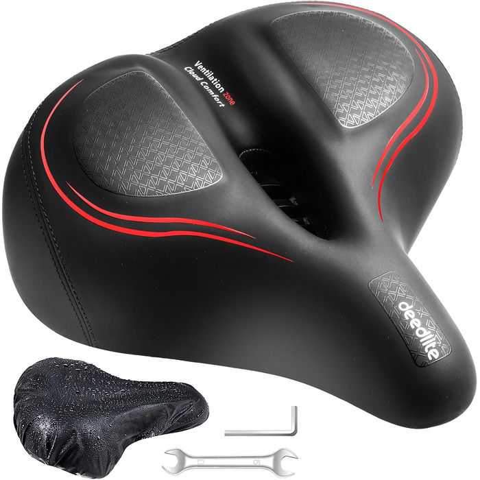 Велосипедне сідло Cloud Comfort Pro Max – зручне, м'яке, анатомічне, з пам'яттю форми, червоним світловідбивачем, для міських та гірських велосипедів, з амортизацією