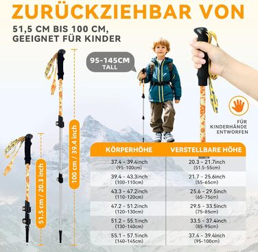 Дитячі телескопічні трекінгові палиці UnderwoodAggregator для походів та лиж, легкі алюмінієві палиці для дітей 6-12 років, жовті, 2 шт.