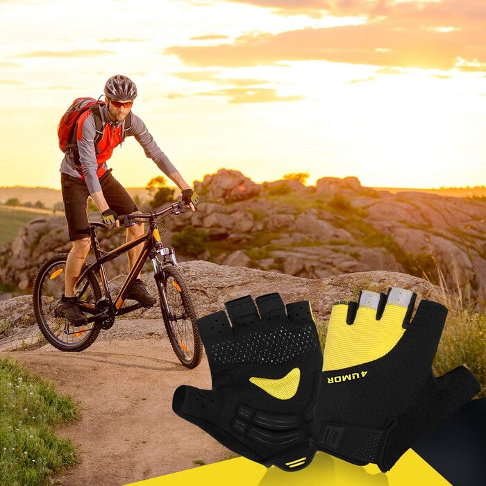 Велосипедні рукавички 4UMOR для чоловіків: напівпальцеві, антиковзаючі, амортизуючі. Підходять для шосе, MTB, гірського велосипеда та катання. Яскраві кольори для безпеки.