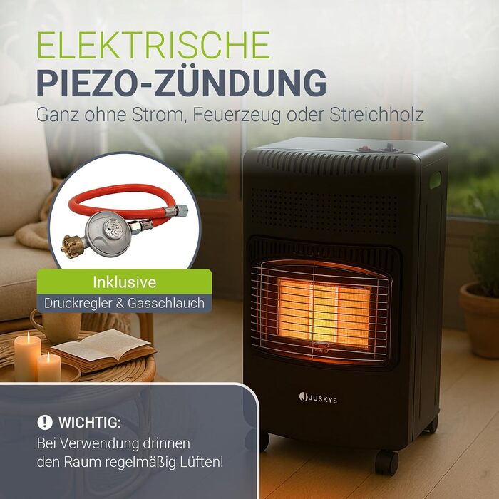 Газова обігрівач Juskys® GS42US чорного кольору - 4200 Вт з регулятором тиску та шлангом. Мобільний, ефективний та економічний газовий нагрівач/піч/обігрівач