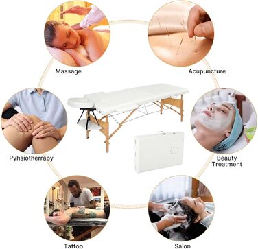 Масажне ліжко Mondeer з 2 зонами, регульована висота, складане, з дерева, для салону краси, з підголовником та підлокітниками (біле)