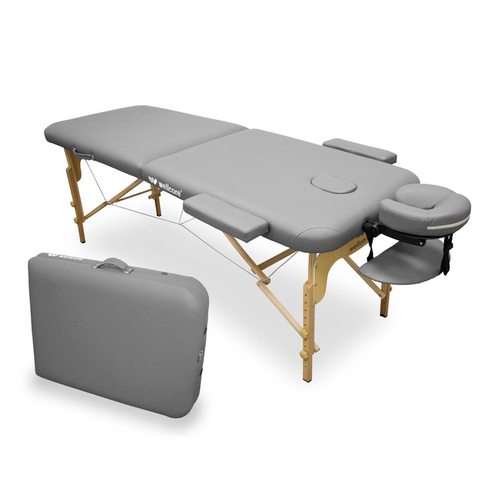 WELLCORE Крісло-масажер, дерев'яне, з штучною шкірою, 185 x 65 см, регульована висота, знімний підголівник, 2 підлокітники, отвір для обличчя, до 225 кг (Сріблястий)