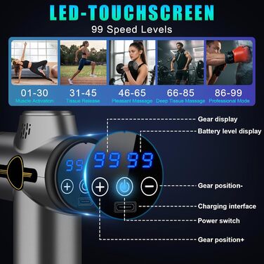 Масажер для м'язів NXPZ: професійний масаж глибоких м'язів, 99 швидкостей, 8 насадок, LCD дисплей, тихий електричний масажер для зняття болю та жорсткості м'язів