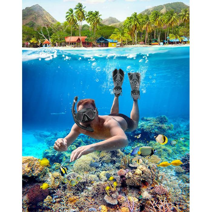 Набір для снорклінгу Zenoplige для дорослих: маска, трубка, ласти. Повний чорний силікон, розмір L-XL