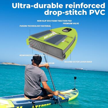 SUP дошка AKSPORT 11' надувна з комплектом аксесуарів, 34 дюйми, антиковзке покриття, для дорослих та підлітків (чорно-зелена)