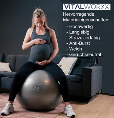 Гімнастичний м'яч VITALWORXX 65 см для вагітних, стабільний фітбол з насосом, вправи для вагітності та пологів, сірий