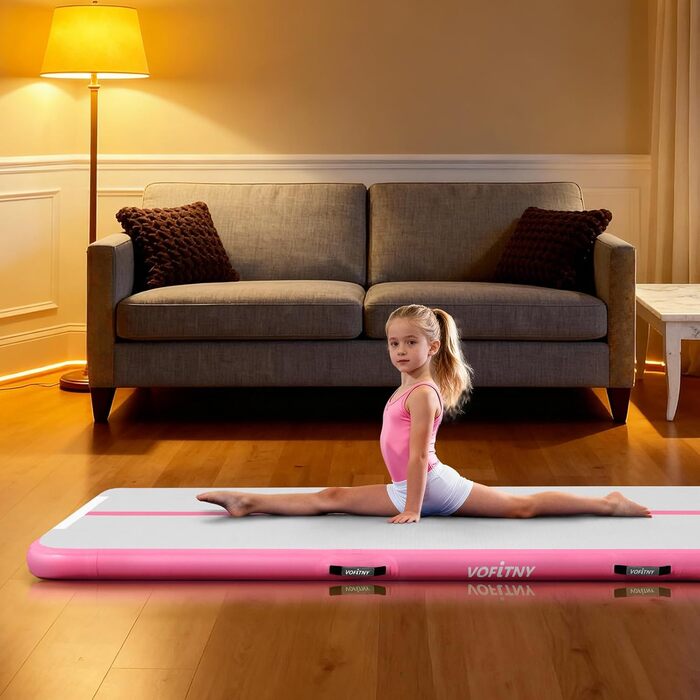 Надувна гімнастична мат для тренувань VOFiTNY (10/20 см товщина, 3/4/5/6 м довжина) для дому, парку та йоги (рожева)