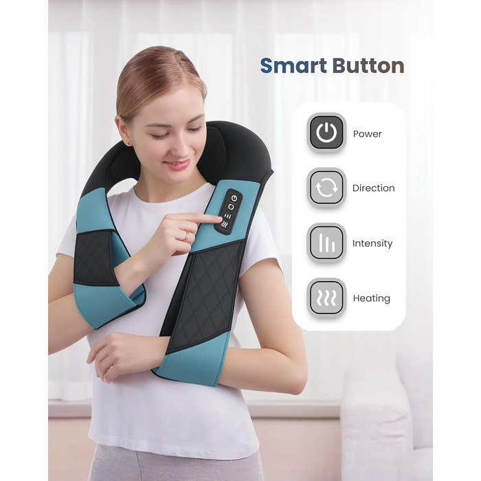 Масажер для шиї COMFIER бездротовий Shiatsu з підігрівом, 3D глибокий масаж, для шиї, спини, попереку, подарунок для жінок та чоловіків, блакитно-чорний