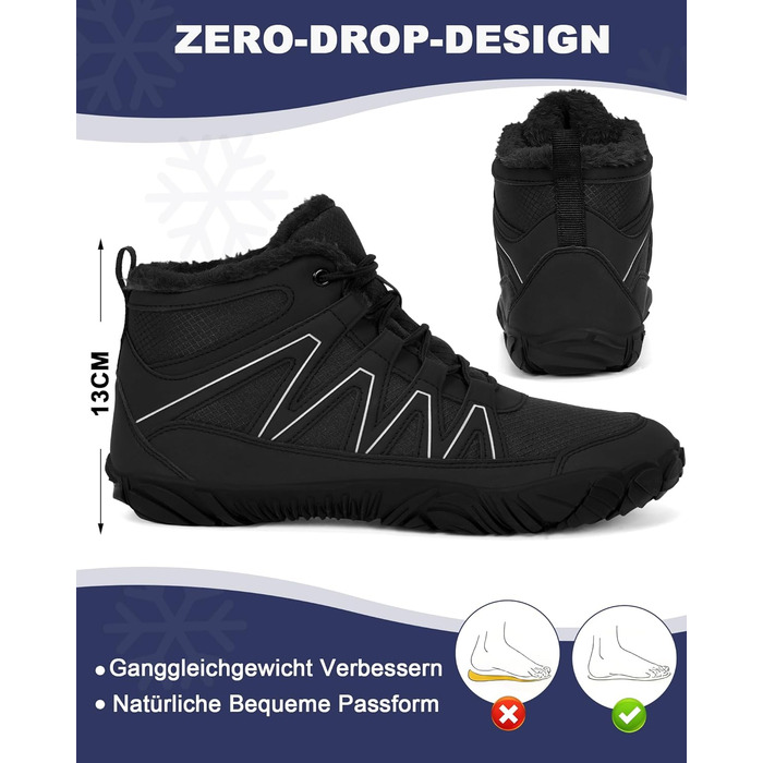 Зимові шкарпетки-черевики Ruyi для жінок та чоловіків, тепла підкладка, водонепроникні, для трейлраннінгу, комфортні зимові черевики з широкою передньою частиною, чорний, 42 EU