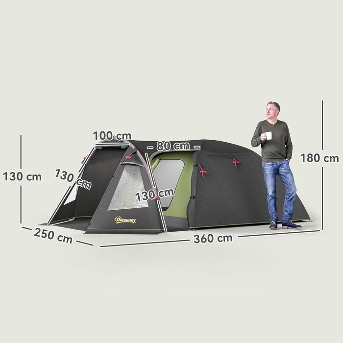 Намет Outsunny Tunnel для 4 осіб: водонепроникний, UV 50+, з ґрунтовою плівкою для кемпінгу, подорожей та саду