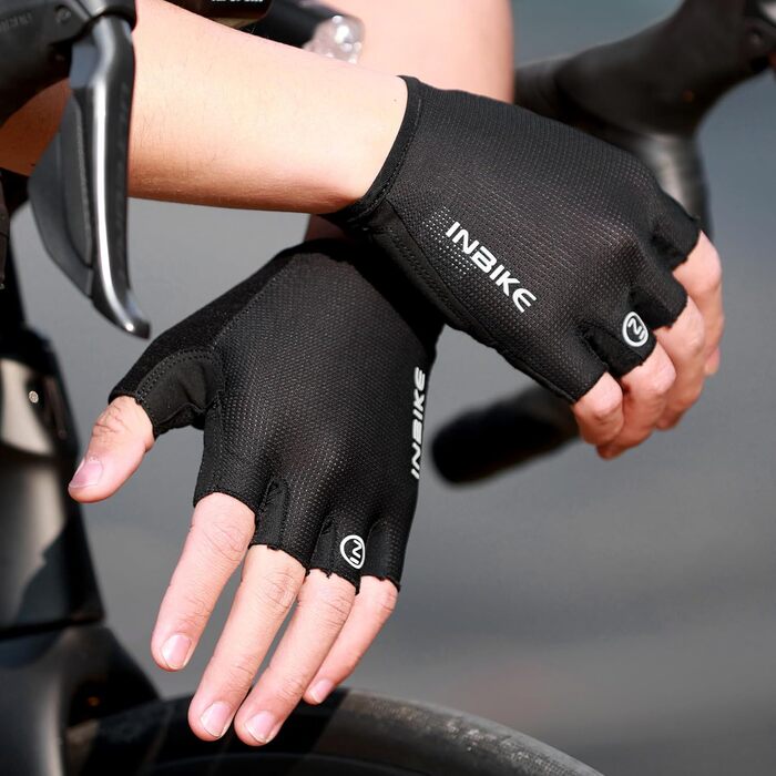 Велосипедні рукавички Inbike Kurz - короткі півпальцеві рукавички для MTB, дихаючі літні рукавички, 5 кольорів, чорний & морський (M, PLAM=18.5-19.5cm)