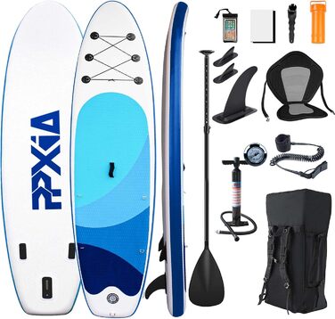 Надувне SUP-борд Stand Up Paddling з сидінням, для дітей та дорослих, вантажопідйомність до 200 кг, аксесуари, блакитний (320 x 82 x 15 см)