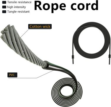 Стрибкове канат для чоловіків, жінок, дітей - з подвійними кульковими підшипниками, 360-градусний поворот, металевий руків'я, серцевина з силіконовим руків'ям, регульований, 3 м, для фітнесу, схуднення, чорний