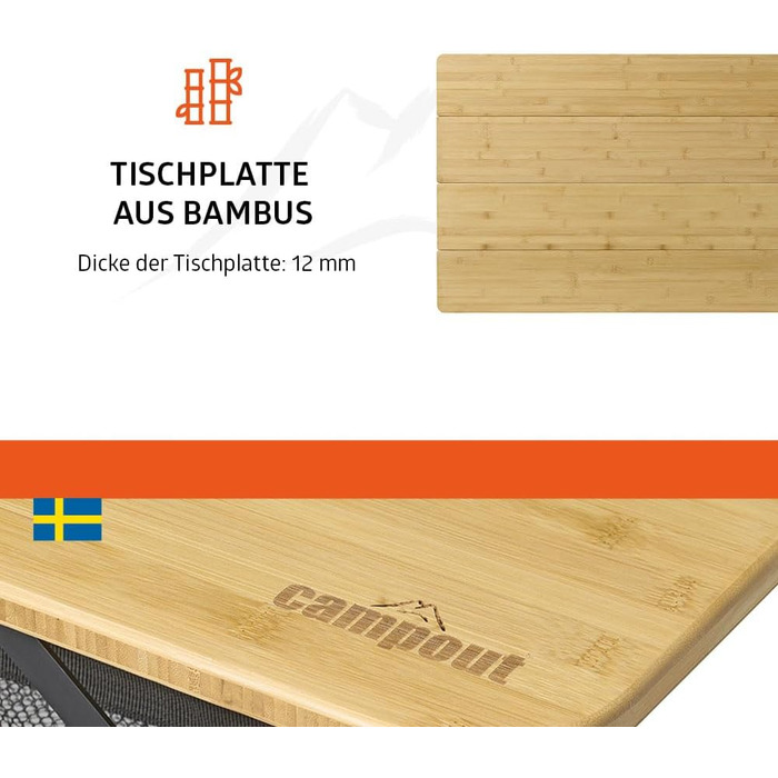 Зручний складаний садовий/кемпінговий столик Campout з бамбуковою полицею (65x50x65 см), 3 положення висоти, з сумкою