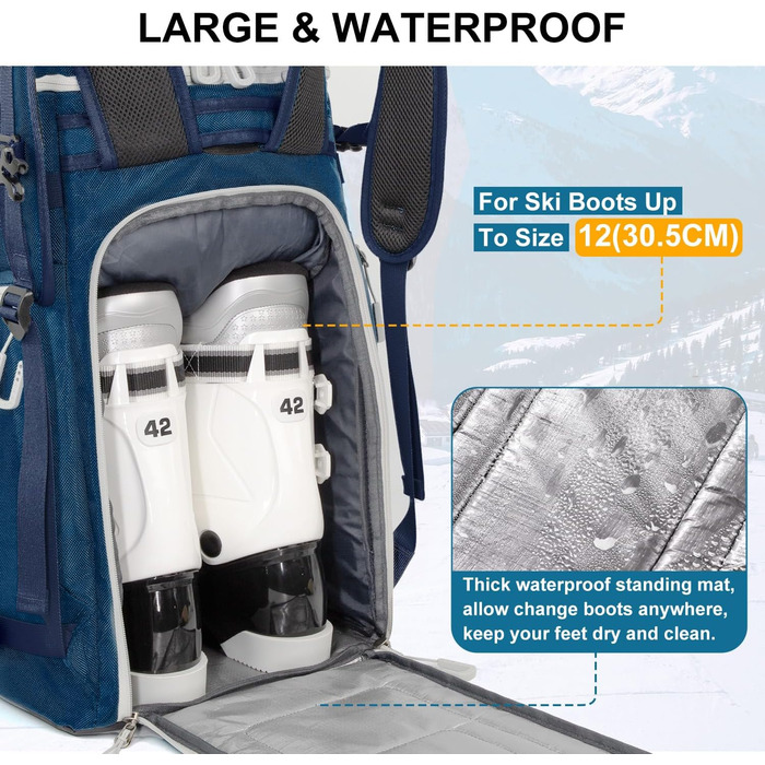 Сумка для лижних черевиків з відділенням для шолома, 65L, рюкзак для лиж, водонепроникна сумка для лиж, для лижних черевиків, ковзанів, лижних окулярів, сноуборду, лижних рукавичок, блакитна