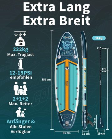 SUP дошка COOLCAA Trail Blazer-1 надувна, 355 см, ширина 86 см, вантажопідйомність 222 кг, з аксесуарами та сумкою для перенесення, для дорослих