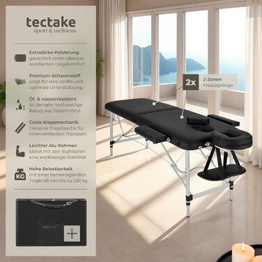 Складаний масажний стіл tectake, 2 зони, алюмінієва регульована масажна кушетка, переносна, з аксесуарами, чорна