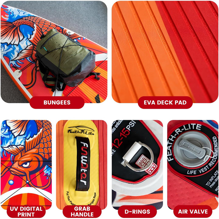 Надувна SUP-дошка FunWater Red KOI для серфінгу, комплект аксесуарів: регульоване весло, насос, рюкзак, страхувальний трос, водонепроникна сумка, для дорослих