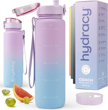 Фляга для води Hydracy 1л з вбудованим фрутом - BPA-free, з маркуванням часу, спортивна, протиударна, без конденсату, салатово-блакитний градієнт