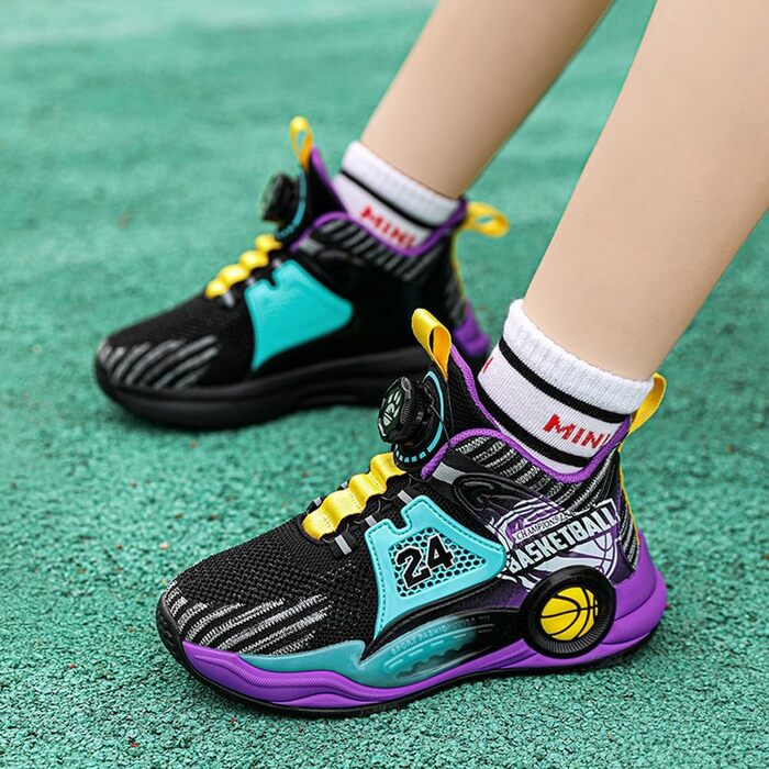 Дитячі баскетбольні кросівки Kinder - High-Top з амортизацією, легкі, антиковзкі, дихаючі, унісекс (33 EU, Чорний/Фіолетовий)