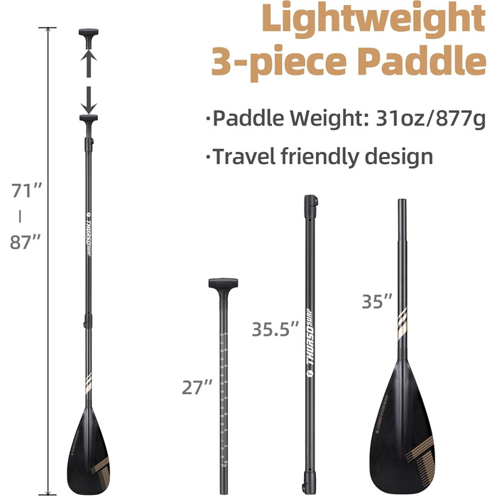 Весло для SUP та каяка THURSO SURF Carbon Hybrid, 3-частинне, карбоновий стрижень, конвертоване, регульоване 180-220 см, легке, плаваюче