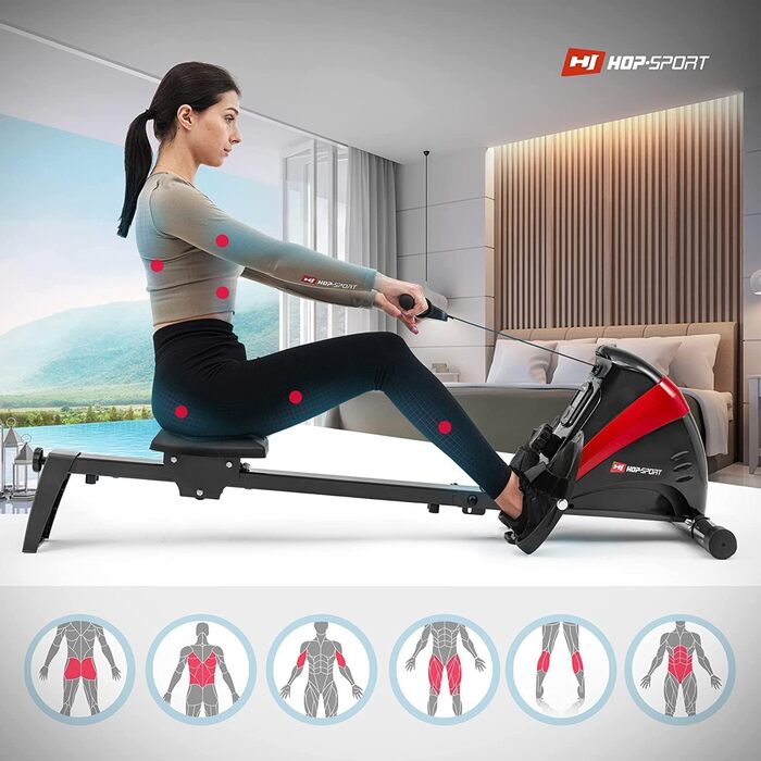 Гребний тренажер Hop-Sport Boost для дому, складаний, з комп'ютером, магнітною системою гальмування, 10 рівнів, кулькопідшипникове сидіння, до 120 кг, червоний