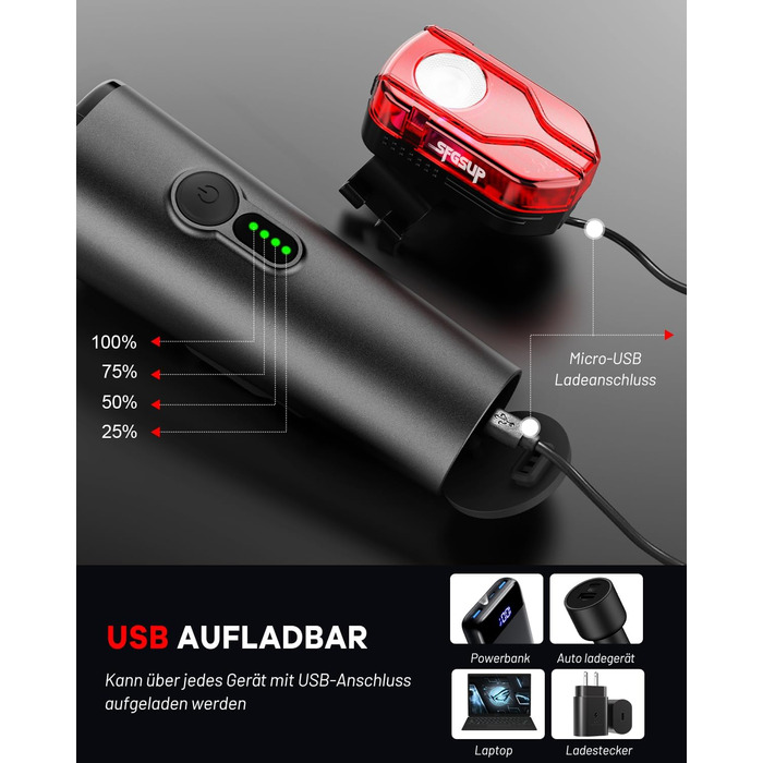 Набір велосипедних ліхтарів SFGSUP LED з USB зарядкою, водонепроникні (IPX5), схвалені StVZO