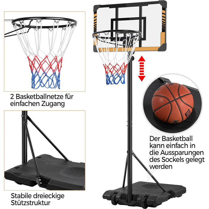 Регульована баскетбольна стійка Yaheetech з роликами, мобільна баскетбольна установка з можливістю заповнення водою або піском, підходить для використання в приміщенні та на вулиці, висота 216-246 см