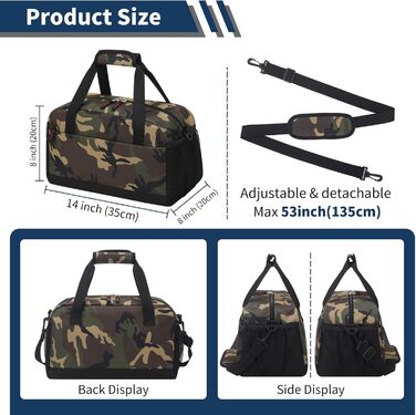 Спортивна сумка маленька з відділенням для мокрого - 35x20x20 см, ручна поклажа, міні-дуфл-сумка з кількома відділеннями для спорту, відпочинку, коротких подорожей (Камуфляж, 35 см)