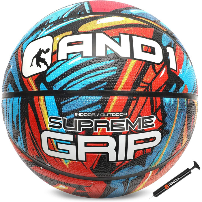 Баскетбольний м'яч AND1 Supreme Grip, розмір 7, гумовий, для вулиці та залу, синьо-червоний, з насосом