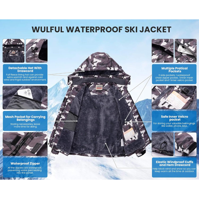 Жіноча водонепроникна куртка WULFUL для сноубордингу та лижного спорту, зимова куртка з капюшоном, камуфляжний колір чорний (XXL)