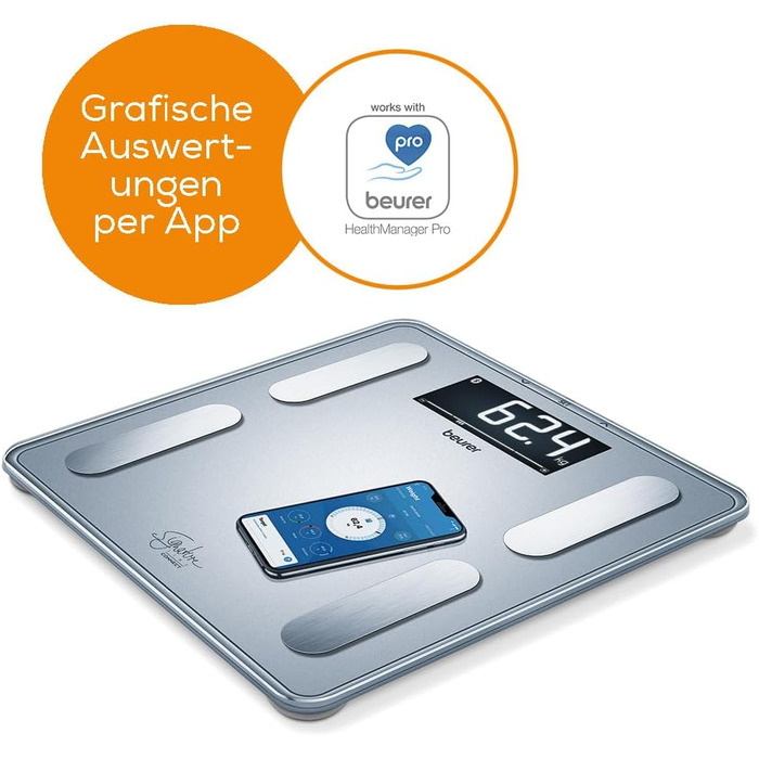 Ваги Beurer BF 405 з аналізом складу тіла: точні вимірювання для 8 користувачів, визначення жиру, великий дисплей з підсвіткою, до 200 кг, з підключенням до додатку