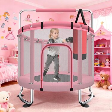 Дитячий батут з сіткою безпеки, регульованою перекладиною та гойдалкою, для хлопчиків та дівчаток 3-6 років (Рожевий)